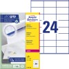 Förpackningsbild med etikettark: Avery Zweckform, Artikel: L7180-100, Format: 70 x 36 mm, Skrivarteknik: Svart/vit laser, färglaser, Innehåll: 2.400 etiketter / 100 ark, 24 etiketter/ark