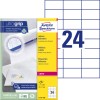 Förpackningsbild med etikettark: Avery Zweckform, Artikel: L7181-100, Format: 70 x 37 mm, Skrivarkompatibilitet: Färglaser, Laser svart/vit, Innehåll: 2.400 etiketter / 100 ark, 24 etiketter/ark.