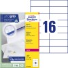 Förpackningsbild med etikettark: Avery Zweckform, Artikel: L7182-100, Format: 105 x 37 mm, Skrivarkompatibilitet: färglaserskrivare, svartvit laserskrivare, Innehåll: 1.600 etiketter / 100 ark, 16 etiketter/ark.