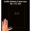 Storleksjämförelse med hand, artikel: L7656-25, ett ark med mini-organisationsetiketter, format: 46 x 11,1 mm, färg: vit.