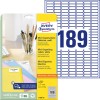 Förpackningsbild med etikettark: Avery Zweckform Mini-organisationsetiketter, Artikel: L7658-25, Format: 25,4 x 10 mm, Utskriftsegenskaper: Bläckstråleskrivare, Svart/vit laserskrivare, Färglaserskrivare, Innehåll: 4.725 etiketter / 25 ark, 189 etiketter/ark.