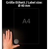 Storleksjämförelse med hand, Artikel: L7780-25, ett ark med transparenta etiketter, format: ⌀ 40 mm, färg: transparent.