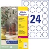 Förpackningsbild med etikettark: Avery Zweckform Transparenta Etiketter, Artikel: L7780-25, Format: ⌀ 40 mm, Utskriftslämplighet: Laser s/v, färglaser, Innehåll: 600 etiketter / 25 ark, 24 etiketter/ark.