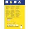 Bilden är ett reklamblad för Averys frysetiketter, med detaljer om funktioner, specifikationer och språk för olika länder. Det innehåller instruktioner för design och utskrift, kontaktinformation och produktdimensioner.