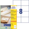 Förpackningsbild med etikettark: Avery Zweckform återvinningsbara universaletiketter, artikel: LR3427, format: 105 x 74 mm, utskriftslämplighet: bläckstråleskrivare, svartvitt laserskrivare, färglaserskrivare, innehåll: 800 etiketter / 100 ark, 8 etiketter/ark.