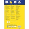 En informationsgrafik om återvinningsetiketter med instruktioner på olika språk om design och tryckning. Den inkluderar bilder på etiketter, specifikationer och kundtjänstkontakter för flera länder.