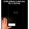 Storleksjämförelse med hand, Artikel: LR7162-100, ett ark återvunna adressetiketter, format: 99,1 x 33,9 mm, färg: naturvit.