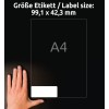 Storleksjämförelse med hand, Artikel: LR7177-100, ett ark återvinningsbara adressetiketter, format: 99,1 x 42,3 mm, färg: naturvit.