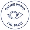 Bilden visar en cirkulär logotyp eller stämpel som har texten 'ONLINE PORTO' upptill och 'DHL PAKET' nedtill, med en ögonliknande grafik i mitten.