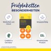 Bilden visar inspektionsetiketter för år 2027, med fokus på egenskaper som väderbeständighet, hållbarhet och klimatneutralitet. Den innehåller information om produkten som utvecklas och produceras i Tyskland.