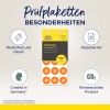 Bilden visar inspektionsetiketter designade för år 2027, som uppvisar egenskaper som väderbeständighet, lätt att dra av, tillverkade i Tyskland och klimatneutrala.