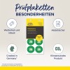 Bilden visar en produktförpackning för inspektionsetiketter med egenskaper som vattentät, robust, manipuleringssäker, klimatsmart och tillverkad i Tyskland, avsedd för användning år 2026.