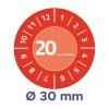 Bilden visar en cirkulär mätare med siffror från 1 till 12 runt omkretsen och det centrala numret 20, vilket indikerar en mätning med en diameter på 30 mm.