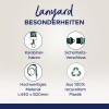 Bilden visar en presentation av en nyckelband som visar dess speciella egenskaper, inklusive en karbinhake, säkerhetslås, högkvalitativa material specifikationer och användning av 100% återvunnen plast.