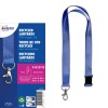 Bilden visar ett paket med återvunna halsband från Avery med ett blått och vitt design, en tryckklämma och specifikationer som finns listade på förpackningen.