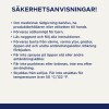 Bilden innehåller säkerhetsinstruktioner på svenska, som beskriver försiktighetsåtgärder vid hantering av en produkt. Den betonar att hålla den borta från barn, värmekällor, öppna lågor och att undvika exponering för solljus eller höga temperaturer.
