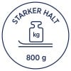 Bilden visar en etikett eller ikon med texten 'STARKER HALT' högst upp, som avbildar en viktsymbol (en vågflaska) med 'kg' skrivet på. Nedanför står vikten '800 g'.