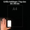 Storleksjämförelse med hand, artikel: T2002-10, ett ark anhängare, format: 90 x 50 mm, färg: ultravit?