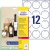 Förpackningsbild med etikettark: Avery Zweckform etiketter, artikel: T2004-10, format: ⌀ 60 mm, skrivaranpassning: Laser s/v, färglaser, innehåll: 120 etiketter / 10 ark, 12 etiketter/ark.