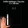 Storleksjämförelse med hand, Artikel: T3007-10, ett ark med loop-taggar, format: 160 x 17 mm, färg: vit.