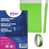 Bilden visar ett paket med revaresistenta gröna pappersarmband tillverkade av TYVEK-material, med flera armband visade och förpackningsinformation synlig.