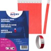 Bilden visar rivtåliga pappersarmband i röd färg och presenterar ett paket armband med förpackningsdetaljer samt en visuell representation av armbanden.