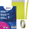 Bilden visar ett paket med rivtåliga pappersarmband i gul färg, tillverkade av TYVEK-material, med olika serienummer. Ett armband för demonstration är inkluderat.